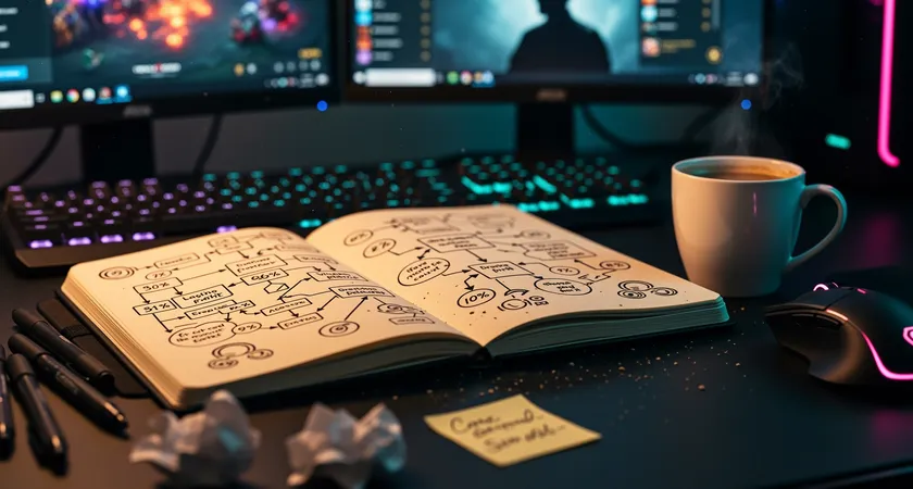 Primer plano de un cuaderno de notas abierto sobre un escritorio desordenado, mostrando diagramas de flujo de teamfights y anotaciones a mano con porcentajes y siglas de campeones, una taza de café medio vacía al lado, luz de lámpara de escritorio creando un círculo de claridad sobre el papel