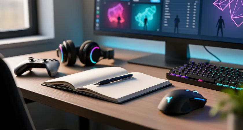 Fotografía en un ángulo bajo de tres sillas de gaming vacías en un entorno de set de entrenamiento semi-profesional, monitores curvos apagados, auriculares colgando en los laterales, luz ambiental tenue y neón suave en la pared del fondo, transmitiendo una sensación de expectativa y análisis pendiente