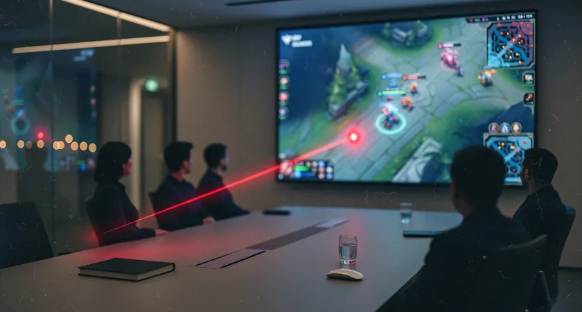 Vista amplia de una sala de reuniones con una pantalla grande que muestra una grabación de una partida pausada en un momento crítico, cinco siluetas sentadas analizando la imagen, se señala un área del mapa con un puntero láser, ambiente de concentración colaborativa