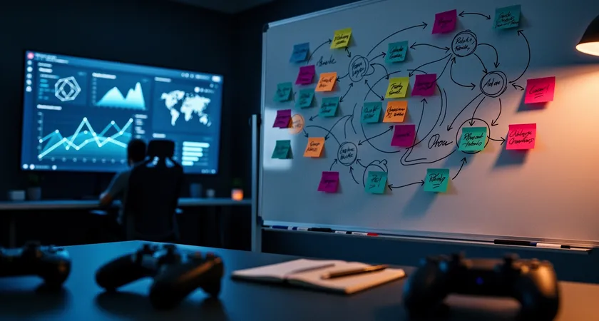 Vue rapprochee d'un tableau blanc dans un bureau sombre, avec des post-it colorés représentant des champions et des flèches reliant les rôles, éclairé par la lumière d'un écran d'ordinateur affichant des stats de jeu, ambiance de planification nocturne