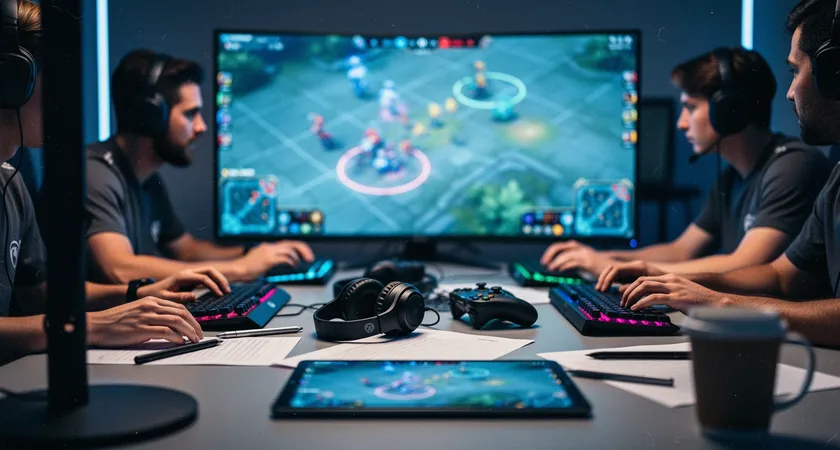 Gros plan sur les mains de cinq joueurs autour d'une table, doigts pointant vers differents points d'un Replay de League of Legends sur un grand écran, lumière bleutée de l'écran dominant la pièce, ambiance concentrée et collaborative
