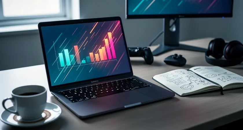 Vue d'ensemble d'un écran d'ordinateur portable ouvert sur un tableau de bord analytique coloré avec des graphiques de performance d'équipe, un carnet ouvert à côté avec des notes manuscrites, tasse de café à moitié vide, lumière naturelle d'un matin entrant par la fenêtre