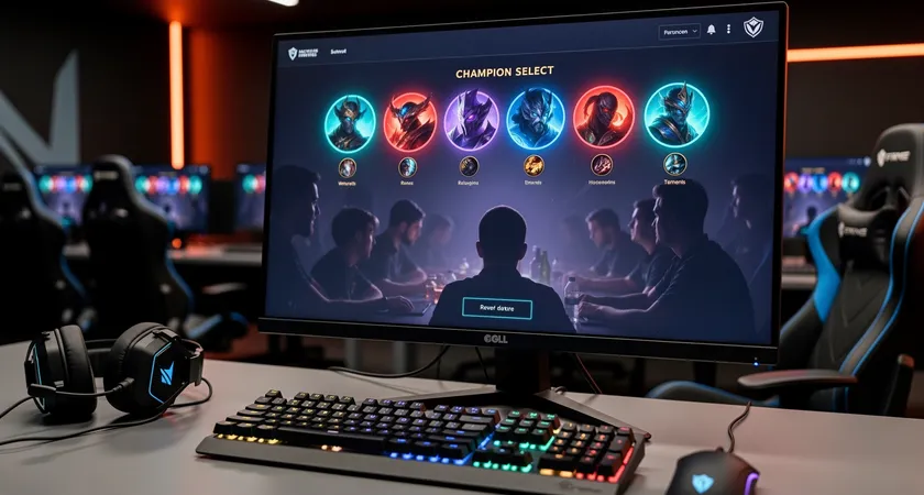 Plan semi-serré d'un écran de jeu montrant la phase de draft de Champion Select, avec des surbrillances colorées autour de certains portraits, reflet des visages concentrés des joueurs sur l'écran, ambiance de tension et de concentration