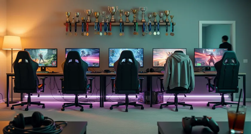 Vue large d'un espace commun de gamers, cinq chaises de gaming vides devant des setups allumés, trophées et médailles amateurs sur une étagère en arrière-plan, lumière chaude d'un lampadaire, ambiance de fin de session réussie