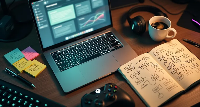 Plano cenital de un escritorio desordenado, iluminado por la pantalla de un portátil donde se ve un documento titulado "Objetivos del Equipo". Un cuaderno abierto muestra diagramas de flujo dibujados a mano, varias notas adhesivas de colores y una taza de café vacía. Luz cálida de una lámpara de escritorio, tonos madera y beige