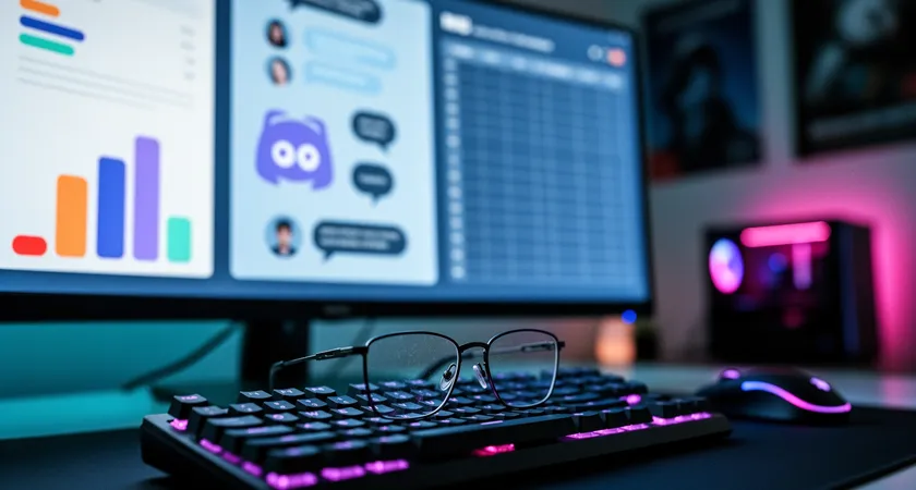 Vista de una pantalla de ordenador dividida en varias ventanas: una muestra estadísticas de un jugador, otra un chat de Discord abierto y una tercera una hoja de cálculo. Reflejo azulado de la pantalla en unas gafas descansando sobre el teclado. Ambiente oscuro, iluminado únicamente por el monitor