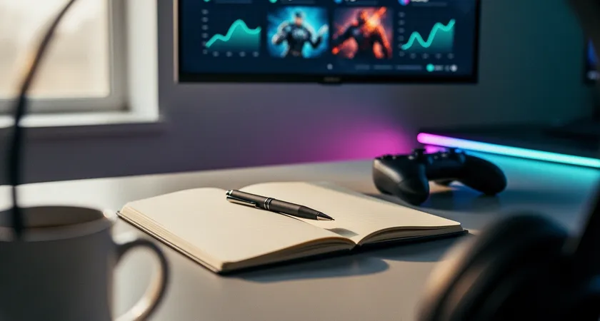 Tres sillas de gaming vacías frente a una mesa larga con tres monitores. En las pantallas se ven clientes de League of Legends en la pantalla de fin de partida. Luz ambiental tenue en una habitación, con neones suaves en la pared del fondo en tonos azules y violetas
