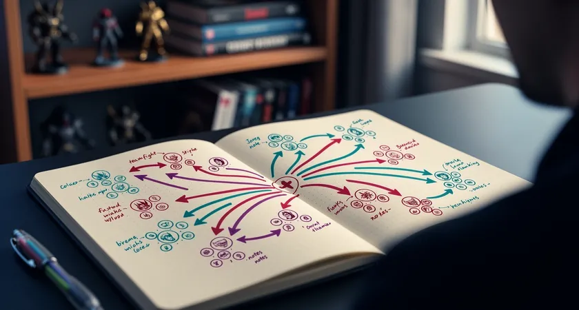 Primer plano de un cuaderno de notas abierto con diagramas de teamfights dibujados con bolígrafo de colores. Flechas indican movimientos de campeones, anotaciones en los márgenes. Fondo desenfocado de una estantería con figuras y libros, luz natural de una ventana a la izquierda