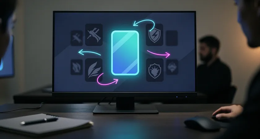 Gros plan sur l'écran d'un client League of Legends, éclairé par la lumière bleutée d'un écran dans une pièce sombre. La vignette du mode Classé Flex 5v5 est mise en évidence, entourée de flèches dessinées numériquement, avec d'autres modes flous en arrière-plan. Ambiance technique et concentrée.