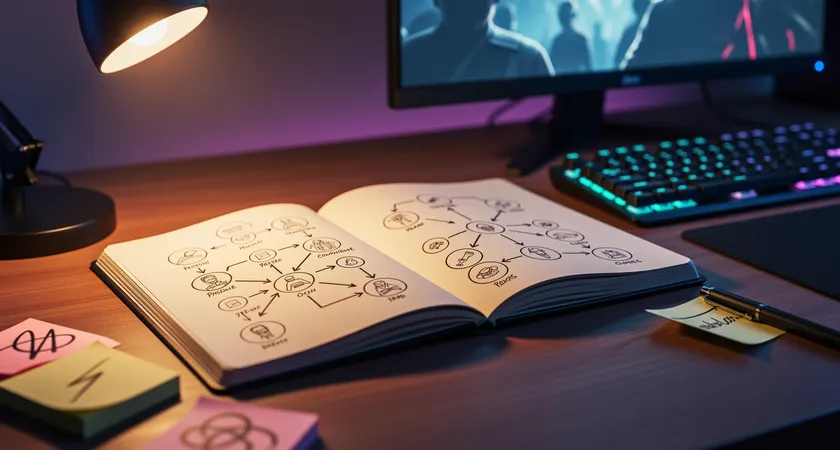 Vue en plongée sur un carnet de notes ouvert sur un bureau, éclairé par une lampe de bureau à la lumière chaude. Des schémas de composition d'équipe sont dessinés au stylo, avec des flèches reliant des rôles (Top, Jungle...), des post-its avec des noms de joueurs, une tasse de café à moitié vide. Ambiance de préparation tactique.
