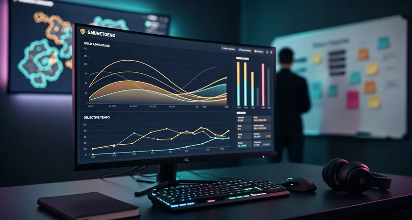 Interface d'un tableau de bord analytique sur un écran d'ordinateur large, dans un bureau moderne. Des graphiques en courbes montrent l'évolution de statistiques d'équipe (gold diff, contrôle de vision) sur plusieurs matchs, avec des lignes verticales marquant les dates des sessions. Rétroéclairage bleu, ambiance data-driven.