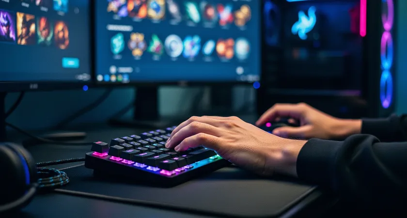 Plan serré sur deux mains en action sur un clavier mécanique et une souris, lors d'une phase de draft dans le client LoL. L'écran montre la sélection et le bannissement de champions. Ambiance de concentration, lumière des LEDs du clavier éclairant les mains, flou des écrans secondaires en arrière-plan.