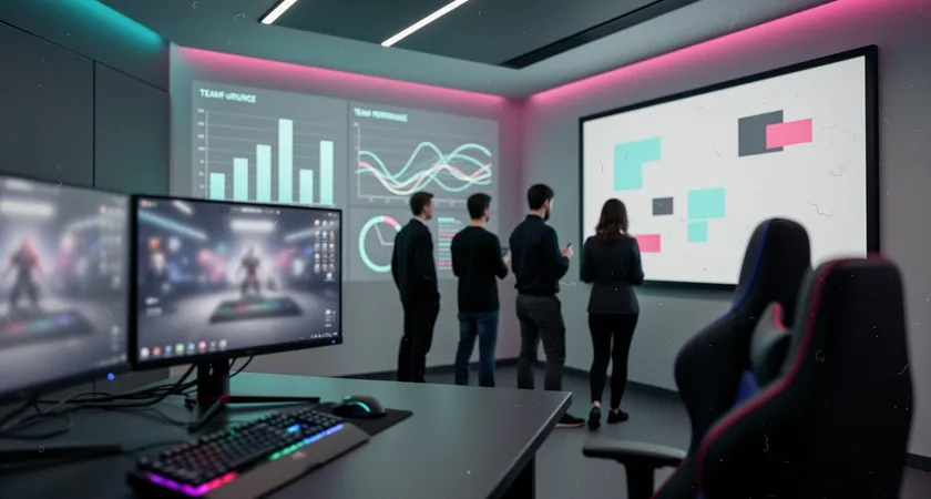 Silhouettes de cinq joueurs discutant debout autour d'un tableau blanc interactif dans une salle de gaming. Des graphiques de performances d'équipe sont projetés derrière eux. Ambiance de réflexion collective, éclairage neutre et moderne, posture d'engagement.
