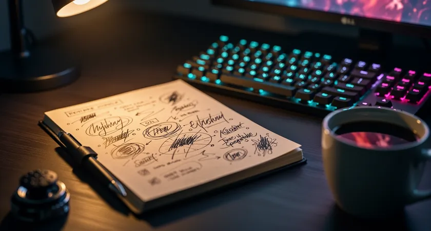 Primer plano de un cuaderno abierto sobre un escritorio con iluminación de lámpara de mesa, mostrando una lista titulada 'Objetivos del Roster' con viñetas como 'Compromiso: 3 sesiones/semana' y 'Estilo: Early Game agresivo', una taza de café a un lado y un teclado mecánico en el fondo desenfocado