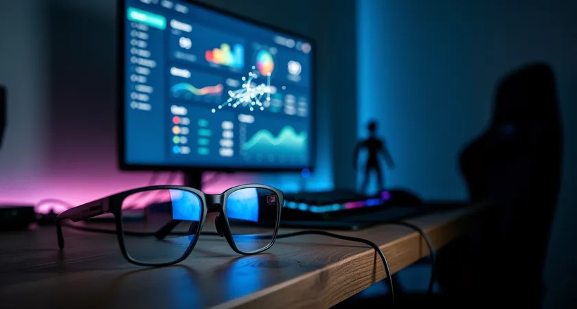 Vista de una pantalla de ordenador en una habitación oscura, mostrando el perfil de op.gg de un jugador, con el cursor sobre los datos de 'Champions Played' y 'Win Rate', reflejándose la luz azulada de la pantalla en unas gafas que descansan sobre el teclado