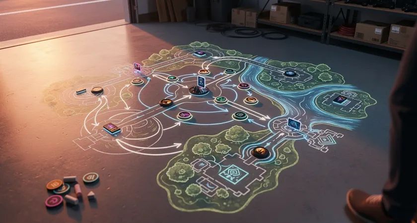 Fotografía aérea de un diagrama dibujado con tiza en el suelo de un garaje, que representa un mapa de la Grieta con fichas de colores en cada posición, conectadas por flechas que simbolizan rotaciones y sinergias, iluminado por la luz cálida del atardecer que entra por la puerta