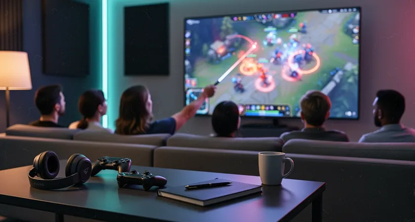Grupo de cuatro personas sentadas en un sofá frente a una gran pantalla de televisor, viendo la repetición de una teamfight. Una persona señala la pantalla con un puntero láser, iluminando el posicionamiento de un campeón, mientras los demás asienten. Ambiente de luz tenue y concentrado