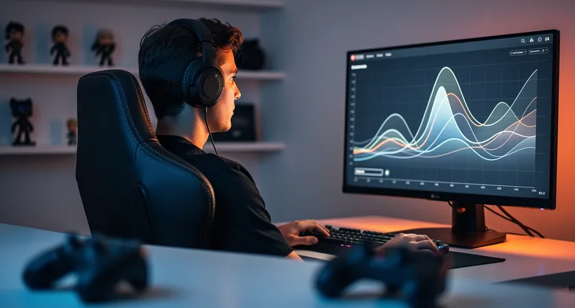 Vista lateral de un jugador con auriculares, mirando fijamente un gráfico de rendimiento en una pantalla secundaria. El gráfico muestra líneas de tendencia con picos y valles, iluminando su rostro concentrado con tonos azules y naranjas, estanterías con figuras de colección desenfocadas en el fondo