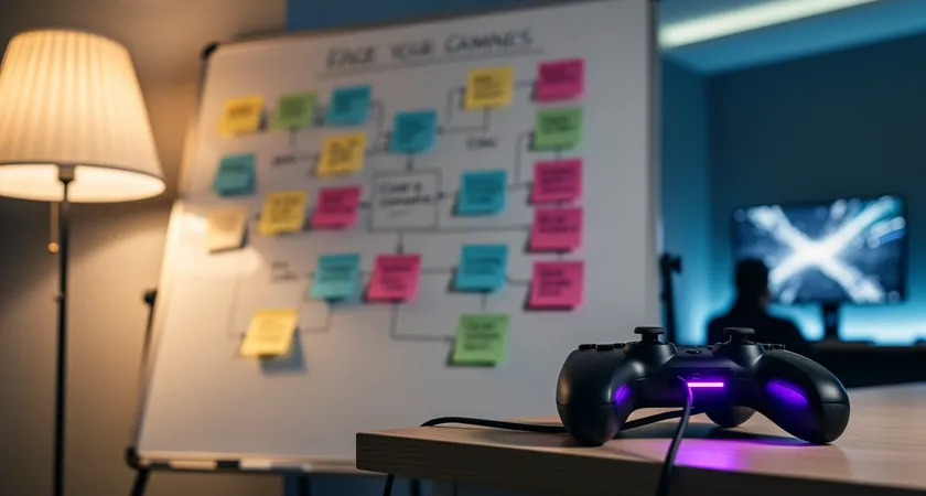 Plan serré sur un tableau blanc dans une pièce à l'ambiance conviviale, éclairé par la lumière douce d'un abat-jour, avec des post-it de couleurs différentes collés dessus listant des mots-clés comme "Fun", "Progression", "Respect", une manette de jeu posée négligemment sur le bord du cadre