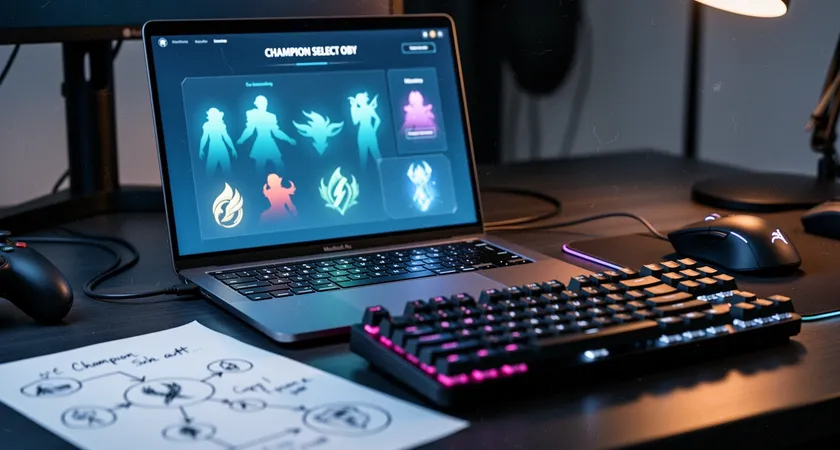 Gros plan sur l'écran d'un ordinateur portable affichant le lobby de champion select de LoL, la lumière de l'écran bleutée éclairant un clavier mécanique et une souris, des notes manuscrites avec des flèches reliant des noms de champions sont visibles sur un carnet à côté