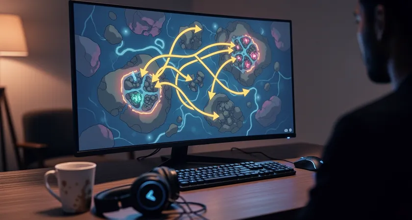 Vue de trois quarts d'un écran d'ordinateur montrant le replay d'un teamfight, flèches de dessin jaune superposées sur la map indiquant des positions, une tasse de café vide et des écouteurs sur le bureau, ambiance de fin de soirée éclairée par une lampe de bureau