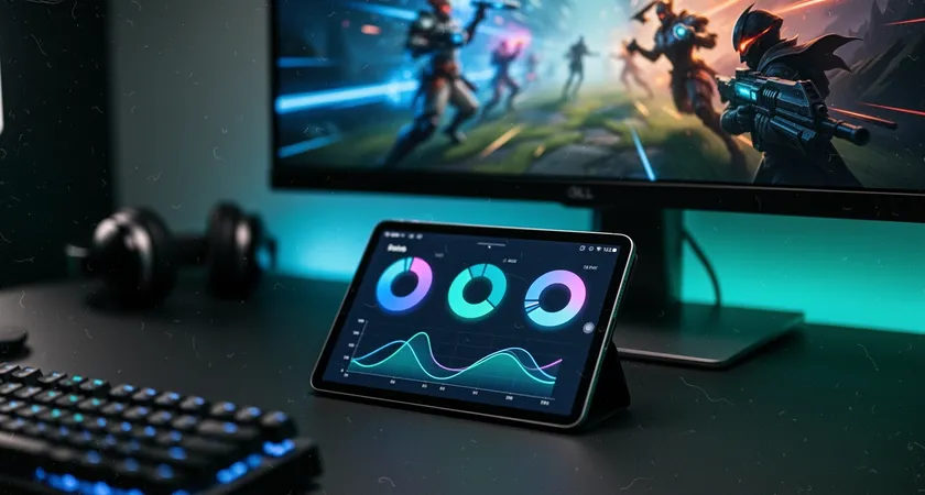 Interface numérique propre d'un dashboard analytique s'affichant sur une tablette, avec des graphiques en donut et des courbes de performance, posée à côté d'un clavier gaming, la lumière de l'écran projetant des reflets bleus et verts sur la surface du bureau
