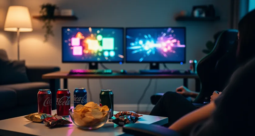 Vue d'ensemble d'un espace de jeu partagé, deux écrans d'ordinateur côte à côte montrant des écrans de fin de partie différents, canettes de soda et snacks sur une table basse au premier plan, ambiance chaleureuse d'une soirée entre amis
