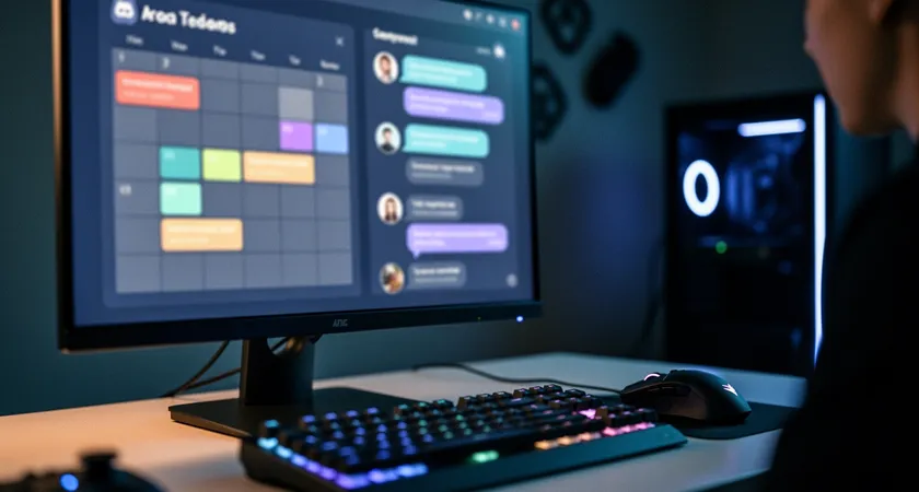 Primer plano de una pantalla de ordenador con dos ventanas abiertas, a la izquierda un calendario digital con bloques coloreados para 'Entrenamiento LoL', a la derecha un chat de Discord con mensajes de confirmación de asistencia, luz azulada de la pantalla iluminando un teclado mecánico y una taza de café