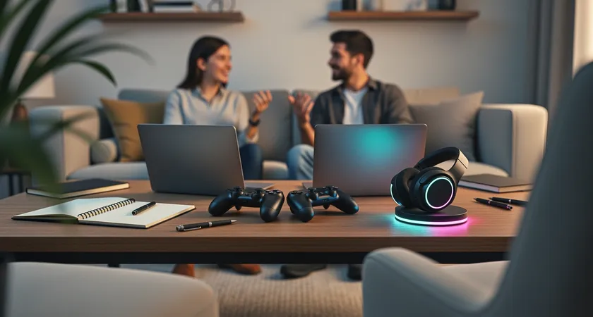Dos personas sentadas frente a un sofá, con portátiles cerrados sobre la mesa de café, hablando de forma relajada, gestos abiertos con las manos, ambiente de salón con luz cálida y decoración neutra, sin pantallas visibles