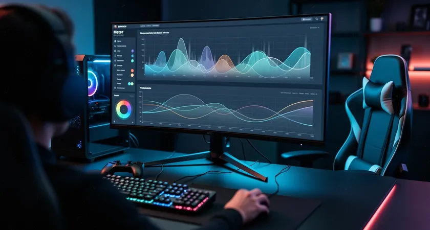 Vista desde detrás de un jugador, mirando hacia un monitor grande que muestra un análisis detallado de una partida con múltiples gráficos superpuestos y líneas de tiempo, asiento de gaming vacío a su lado, ambiente oscuro con iluminación RGB tenue en el suelo