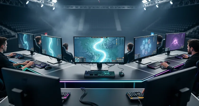 A high-angle overview of a dimly lit gaming arena, five glowing monitors arranged in an arc, hands poised over keyboards in synchronized readiness, the central screen displaying a League of Legends minimap with heavy vision in the river, cool blue light casting sharp shadows