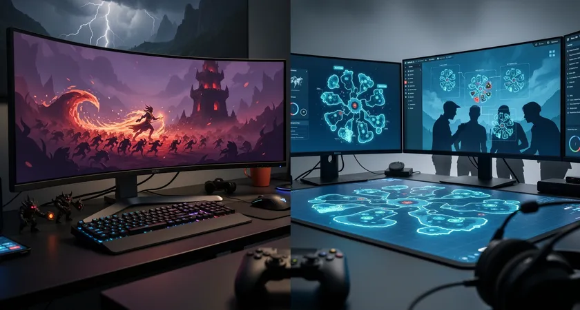 A split-screen concept visualized on a single monitor, left side shows a champion pushing a wave against a turret in a dark top lane, right side shows a four-player team quickly engaging a dragon in the foggy blue pit, the contrast highlighting cross-map pressure
