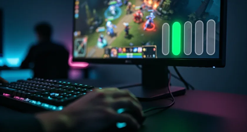 Close-up on a discord overlay on a game screen, showing five clean voice activity indicators, only one is green and active while others are gray, symbolizing disciplined single-speaker communication during a high-pressure moment