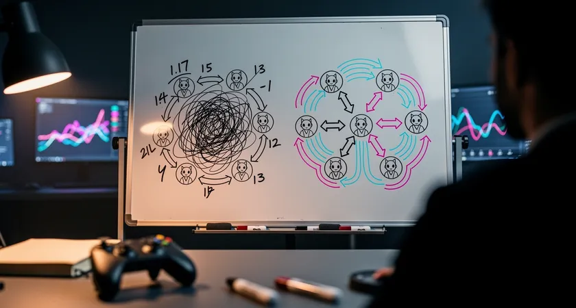A side-by-side comparison of two minimap states sketched on a whiteboard, left shows a chaotic clump of five ally icons mid-lane, right shows a clean 1-3-1 formation with waves pushing symmetrically, illustrating the contrast between chaos and structure
