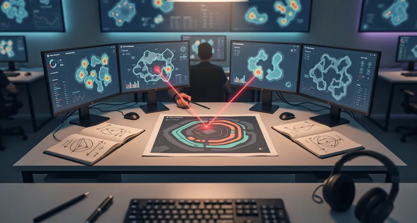 A bird's-eye view of a coach and two players analyzing a game replay on a large monitor, laser pointer highlighting a specific player path on the minimap, notebooks open with diagrams, atmosphere is focused and diagnostic