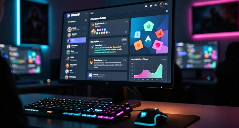 Gros plan sur un écran d'ordinateur en ambiance sombre, la lumière bleutée éclairant un clavier mécanique et une souris, reflet dans l'écran d'un interface de champion select de League of Legends avec des discussions Discord visibles sur un second moniteur, ambiance concentrée de début de soirée