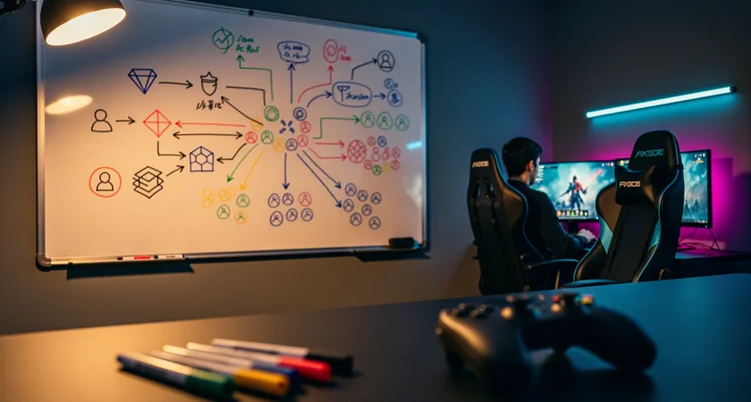 Plan moyen sur un tableau blanc dans un bureau gamer, feutres de couleur utilisés pour schématiser une arborescence de décision de draft, avec des flèches reliant "Bans", "Picks", et "Win Condition", lumière chaude de lampe de bureau éclairant des notes manuscrites