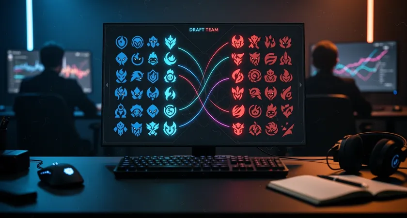 Capture d'écran stylisée montrant un tableau de draft simulé, avec des icônes de champions alignés pour l'équipe bleue et rouge, des surbrillances colorées indiquant les synergies et les counters, interface propre sur fond sombre, ambiance de war room esport