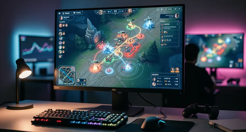 Vue d'un écran de jeu en action, focus sur la minimap de League of Legends montrant des mouvements d'équipe coordonnés autour du Nashor, l'interface cluttered avec des cooldowns et des messages d'équipe, ambiance tendue de late game