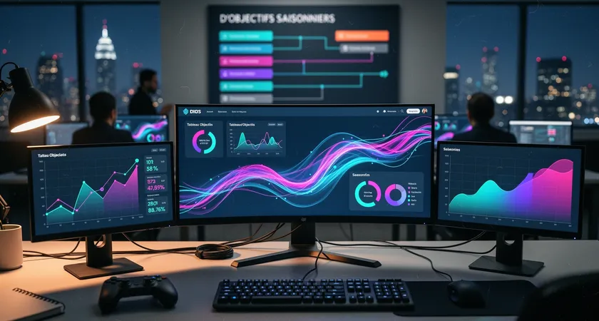 Plan large d'un espace de travail collaboratif, avec plusieurs écrans montrant des analytics de performance d'équipe, des graphiques de trends et des statistiques de champions, un tableau d'objectifs saisonniers au mur, ambiance de projet professionnel