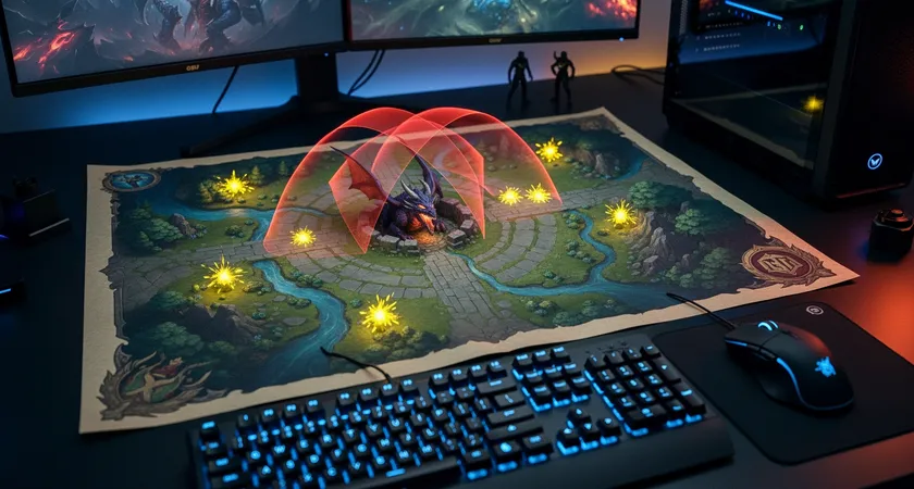 Vista cenital de un mapa de Summoner's Rusk en un monitor, con destellos amarillos representando wards colocados alrededor del Dragón y líneas rojas que muestran zonas de visión. Teclado mecánico iluminado en azul en primer plano, ambiente de gaming oscuro