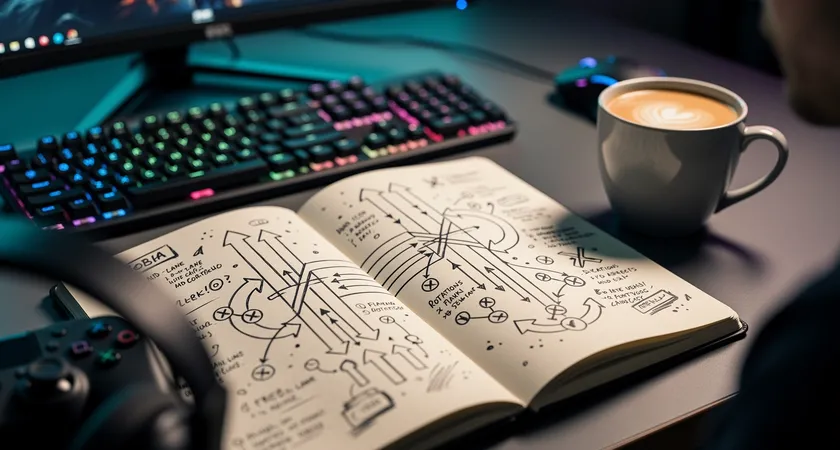 Primer plano de una libreta abierta con diagramas de flechas dibujadas a mano, mostrando rotaciones desde mid lane a Baron. Notas como "shot-caller: jungla early, ADC late" en los márgenes. Taza de café al lado, fondo desenfocado de un escritorio con un teclado