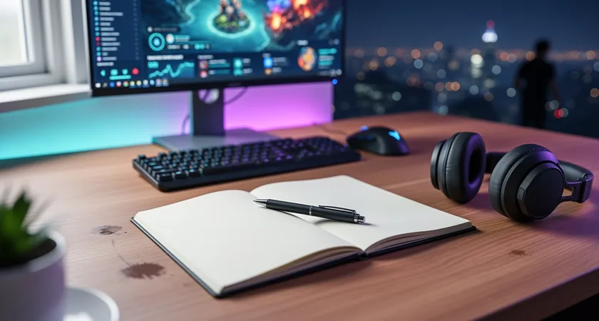 Vista lateral de dos monitores, uno muestra gráficos de líneas de tendencia de un equipo (primer dragón %, primera torreta %), el otro muestra una hoja de cálculo con datos. Manos de un jugador escribiendo en el teclado, luz ambiental tenue de una habitación