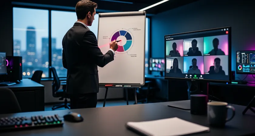 Un coach apuntando con un puntero láser a un gráfico circular en una pizarra blanca durante una sesión de team review online. Se ven siluetas de los cinco miembros del equipo en videollamada en una pantalla secundaria. Ambiente de oficina profesional pero relajado
