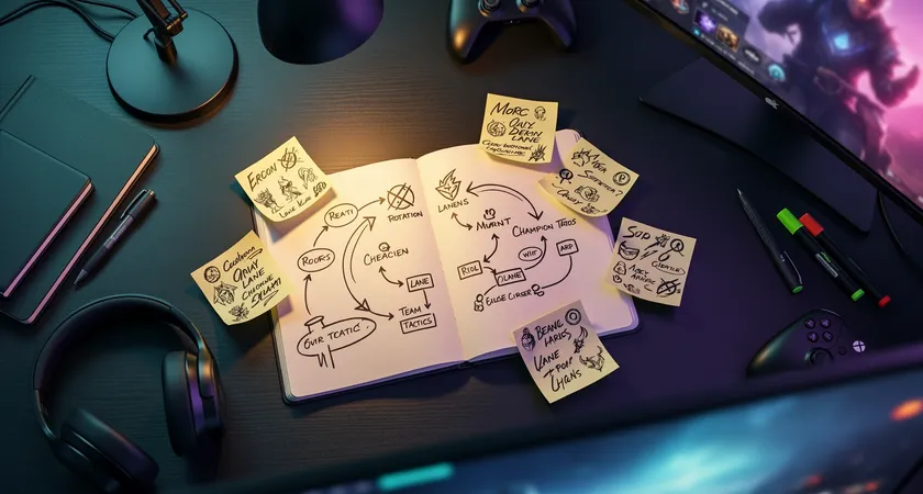 Overhead shot of a large monitor displaying a League of Legends draft interface, five handwritten sticky notes with champion names and roles are arranged around the screen, soft desk lamp glow highlighting a notebook with diagrams
