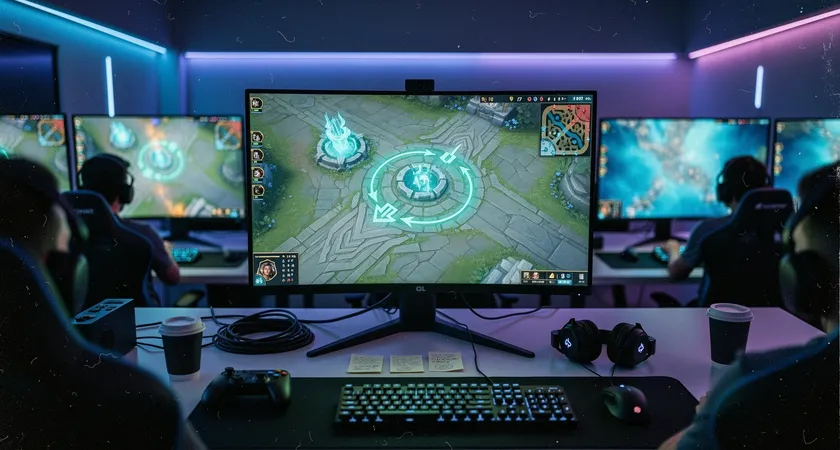 Wide-angle view of a team's gaming setup during a match, focused on a large central tactical map on a second screen with hand-drawn path arrows and ward markers, low blue ambient lighting