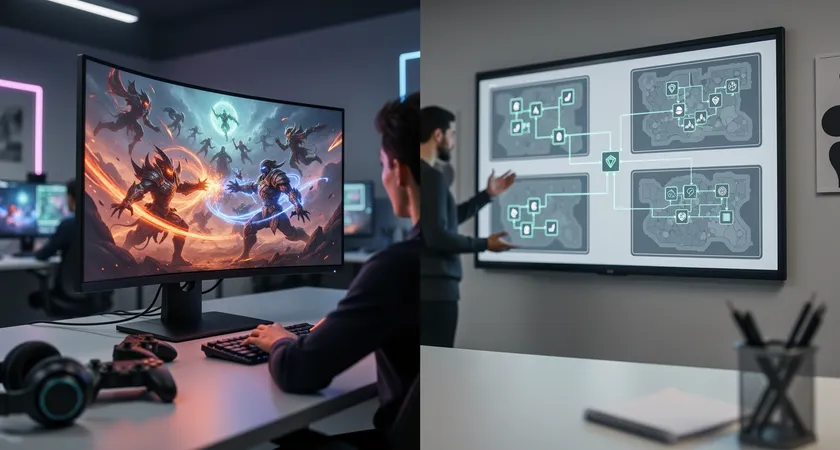 Split-screen concept: left side shows a chaotic teamfight scene in-game, right side shows a calm, annotated replay overview with clean lines highlighting player positioning mistakes