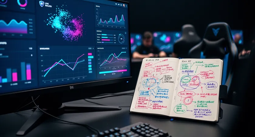 A coach's view: a hand holding a tablet displaying a team's performance dashboard with graphs, next to a notebook filled with color-coded analysis and arrows connecting different strategic failure points