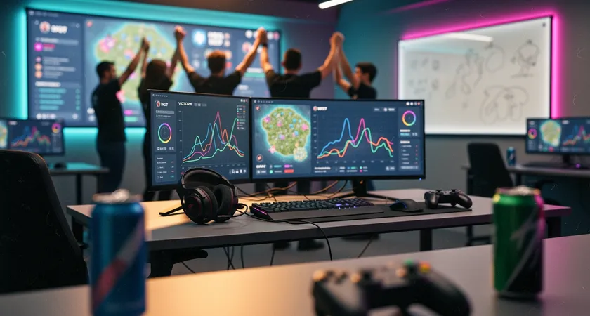 A final shot of a team high-fiving after a match, the focus is on their relieved smiles and the shared screen showing a victory replay, conveying cohesion and earned success