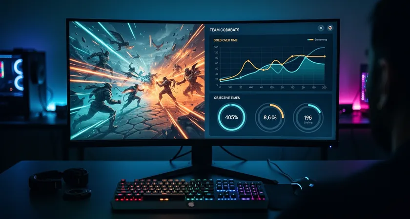 Vue en split-screen d'un écran de jeu LoL à gauche montrant un combat d'équipe chaotique, et un tableau de bord analytique à droite avec des graphiques de gold over time et des timers d'objectifs, ambiance lumineuse bleutée sur un bureau gamer
